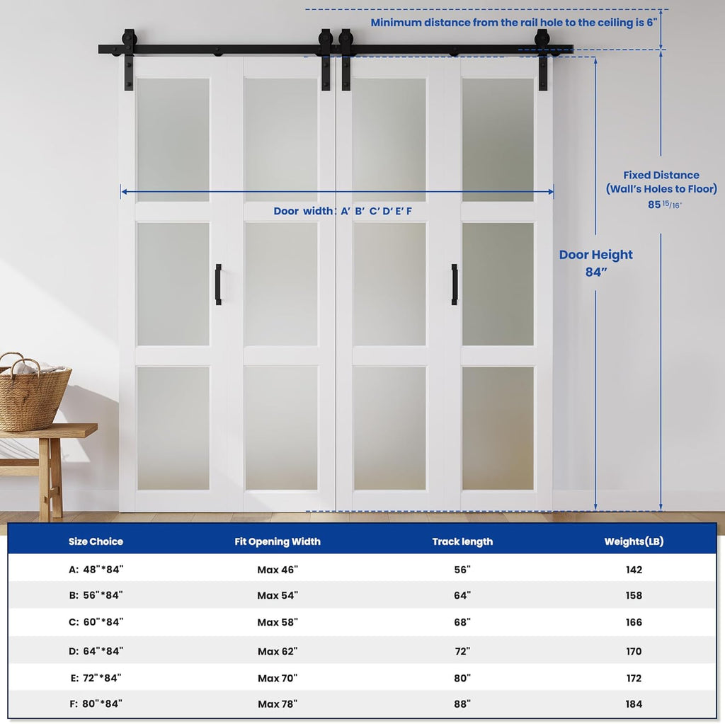 SMARTSTANDARD 64in x 84in Bifold Barn Door, Frosted Glass Barn Door with Hardware Kit Included, Pre-Drilled Holes Easy Assembly -Solid Barn Doors Slab Covered with Water-Proof PVC Surface, White