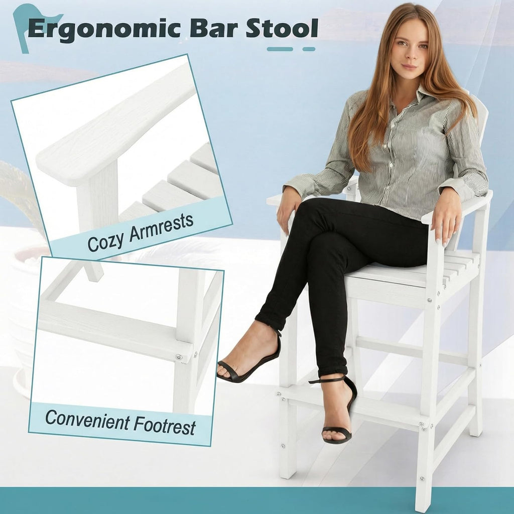 Giantex HDPE Outdoor Bar Stools - All Weather Tall Adirondack Chair with Armrest, Footrest, Load 360Lbs, 30-Inch Counter Height Bar Stool for Patio, Garden, Yard, Indoor Or Outdoor Use (1, White)
