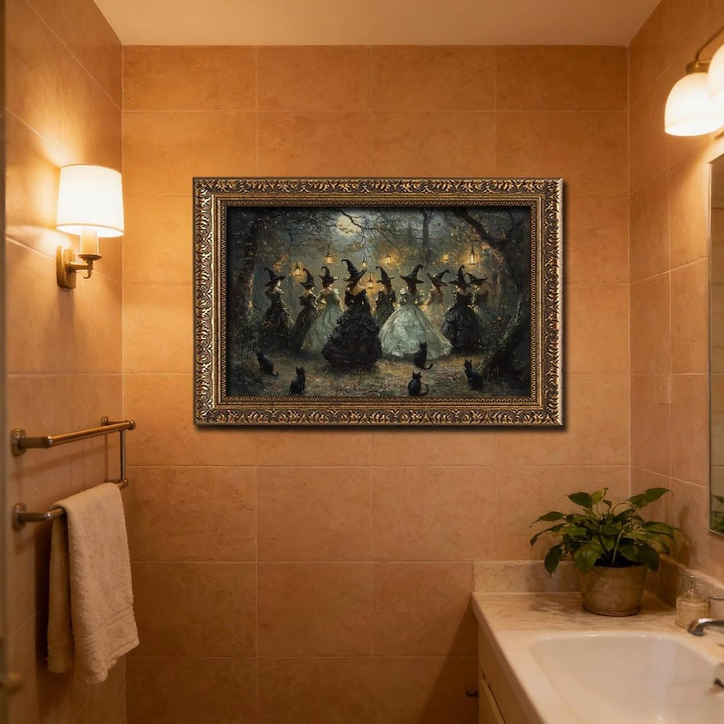 Midnight Witch and Black Cat Gathering Wall Art Retro Gold Frame Canvas Painting Vintage Gothic Forest Decor for Living Room Bedroom Spooky Home Decoration 36x24 Inches