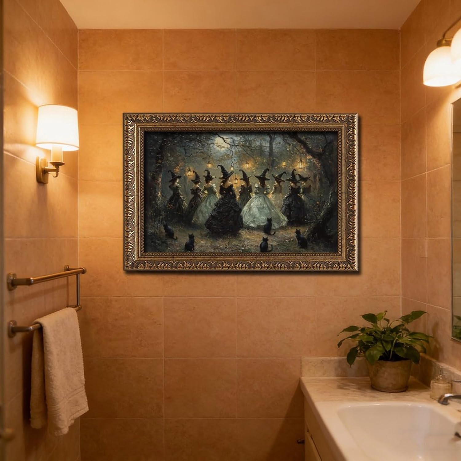 Midnight Witch and Black Cat Gathering Wall Art Retro Gold Frame Canvas Painting Vintage Gothic Forest Decor for Living Room Bedroom Spooky Home Decoration 36x24 Inches