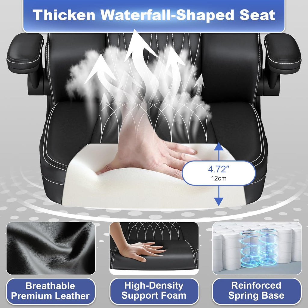 Executive Office Chair with Lumbar Support, High-Back Leather Ergonomic Computer Desk Chair with Flip-Up Arms, Height Adjustable and 360° Swivel, Rocking Function, for Home and Office, Black