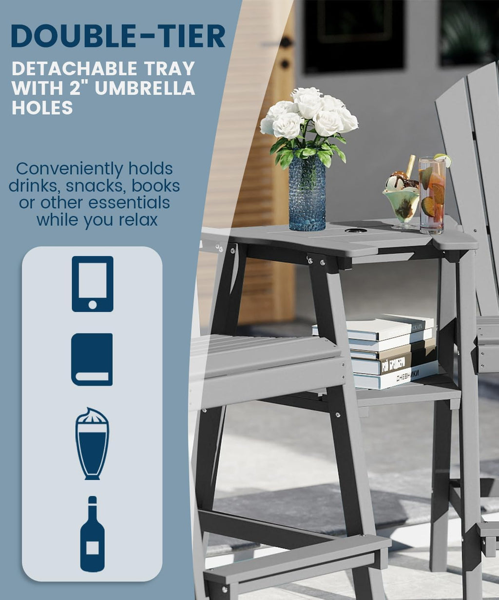 FOOWIN Tall Adirondack Chair Set of 8, All Weather HDPE Bar Height Adirondack Chair with Double Connecting Trays, Adirondack Barstools for Balcony, Deck, Backyard, Patio, Garden Grey
