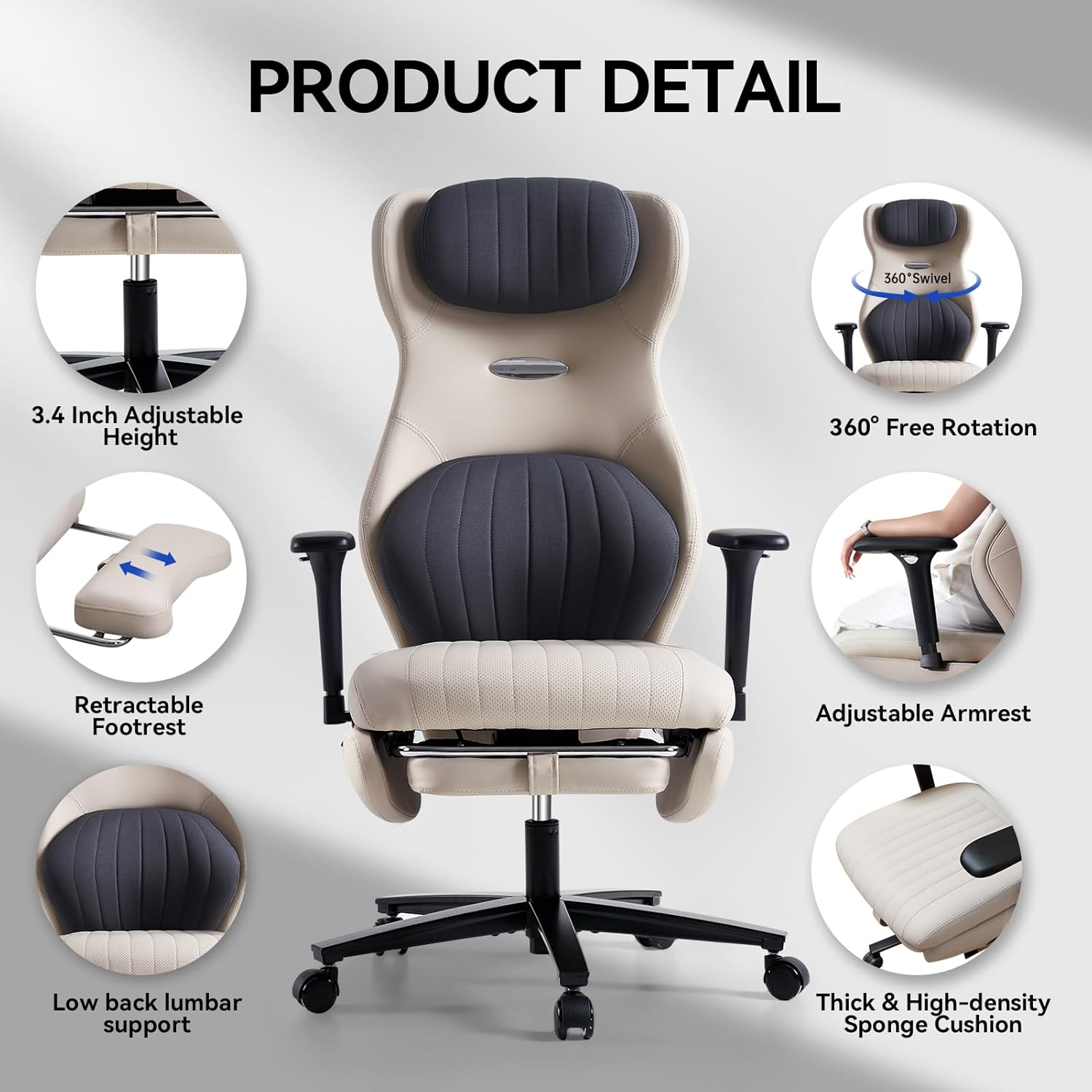 EMIAH Ergonomic Office Chair with Foot Rest Reclining Office Chair with Adjustable Arms and Headrest High Back Gaming Chair with Lumbar Support, PU Leather(Beige)