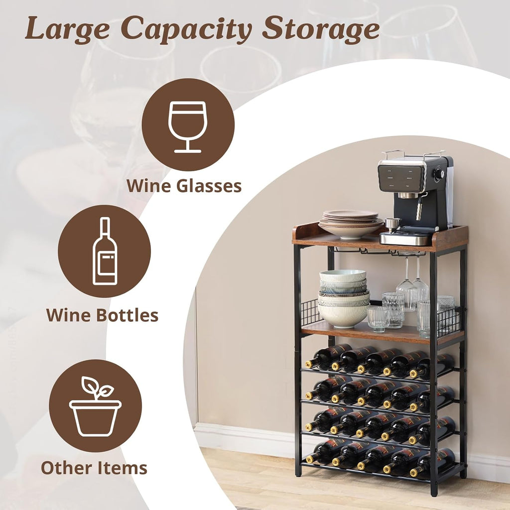 KATHY&BOB Morden Wood Wine Rack Freestanding Floor, 5-Tier Wine Storage Shelf with Wobble-Free Countertop, 20-Bottle Stackable Wine Glass Holder Rack for Home Bar Kitchen Dining Room (Wine Rack)