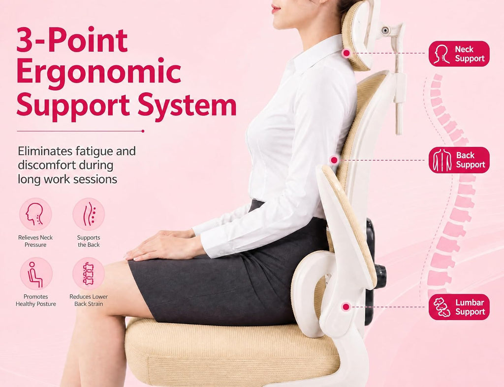 High Back Mesh Office Chair, Ergonomic Chair with Adjustable Headrest, Lumbar Support & Flip-Up Arms, 330lbs Swivel Gaming Computer Chair (Beige)