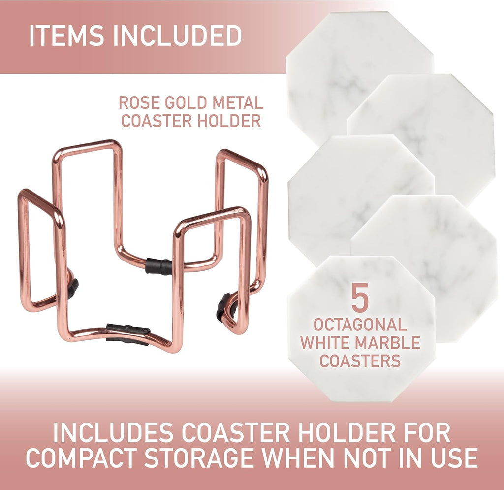 White Carrara Marble Coasters & Rose Gold Coaster Holder (Set of 5)- Durable, Thick Coasters - Protects Any Table Type & Fits Any Coffee Mug, Drinking Glass, Barware - Great Wedding