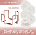 White Carrara Marble Coasters & Rose Gold Coaster Holder (Set of 5)- Durable, Thick Coasters - Protects Any Table Type & Fits Any Coffee Mug, Drinking Glass, Barware - Great Wedding