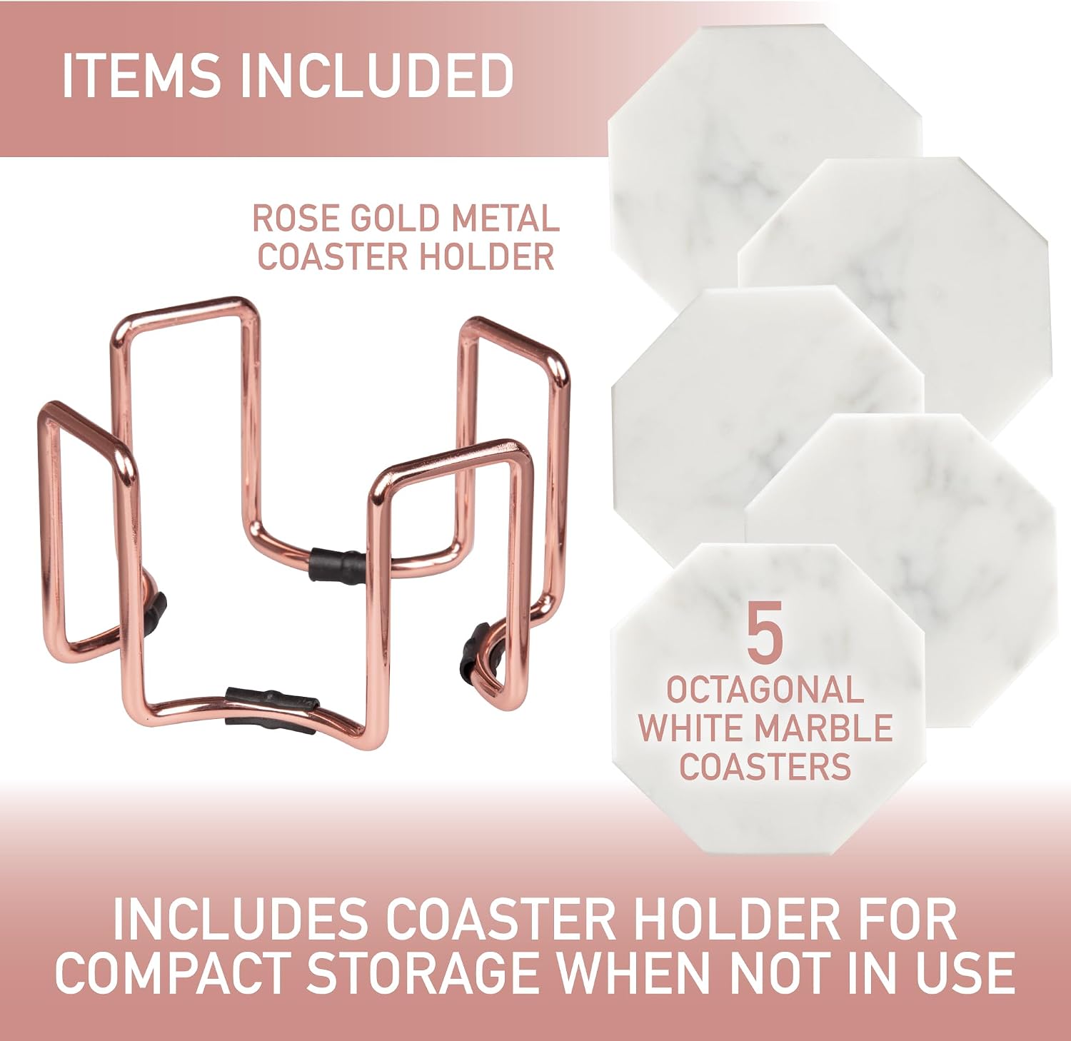 White Carrara Marble Coasters & Rose Gold Coaster Holder (Set of 5)- Durable, Thick Coasters - Protects Any Table Type & Fits Any Coffee Mug, Drinking Glass, Barware - Great Wedding