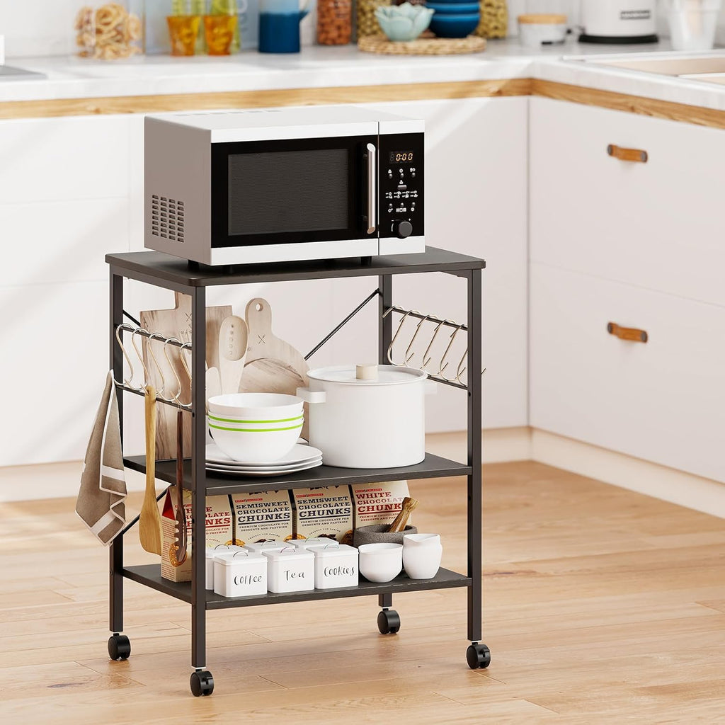 Giantex Kitchen Bakers Rack 3-Tier Microwave Cart on Wheels, Industrial Utility Bar Cart with 10 Hooks Metal Frame Wood Storage Shelves, Rolling Microwave Stand
