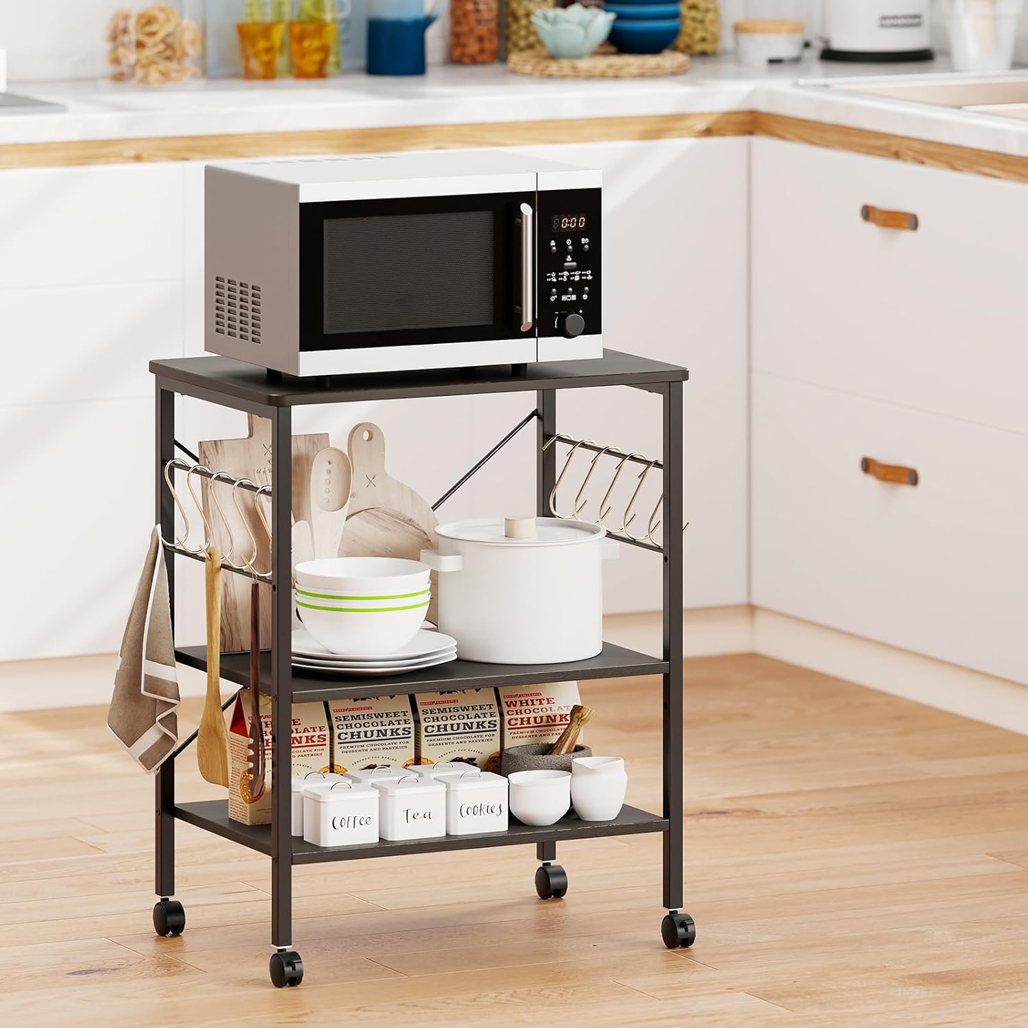 Giantex Kitchen Bakers Rack 3-Tier Microwave Cart on Wheels, Industrial Utility Bar Cart with 10 Hooks Metal Frame Wood Storage Shelves, Rolling Microwave Stand