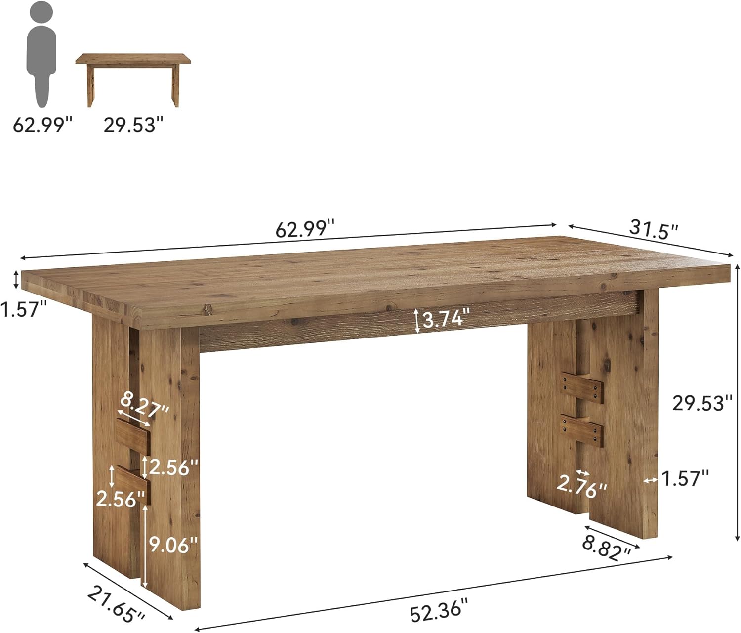 63-Inch Dining Table for 4-6, Solid Wood Kitchen Table with Large Tabletop and Heavy Duty Legs, Rectangular Farmhouse Eating Tables for Dining Room, Living Room, Rustic Brown