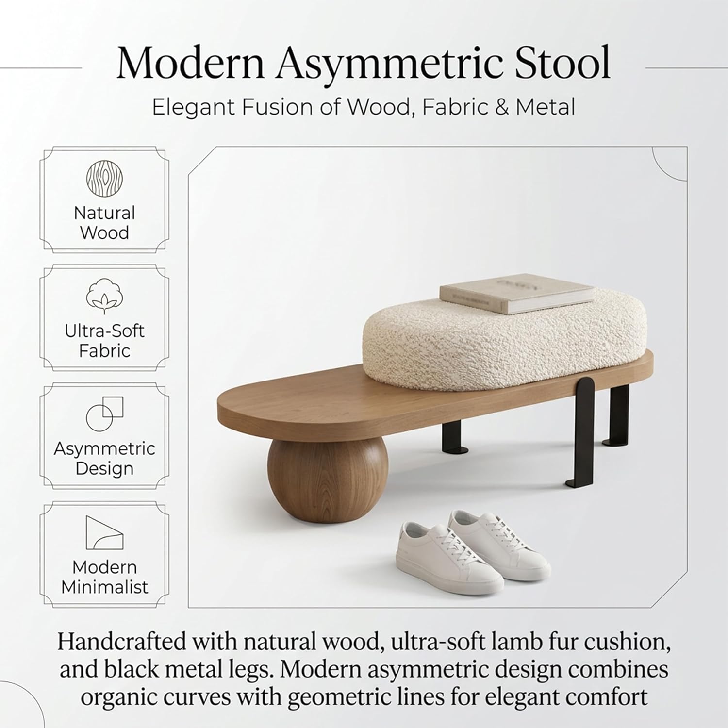 Wooden Boucle Bench with Abstract Metal Leg, Modern Entryway Bench, Upholstered End of Bed Bench,Shoe Changing Bench for Entryway Livingroom Bedroom (140cm/55.1")