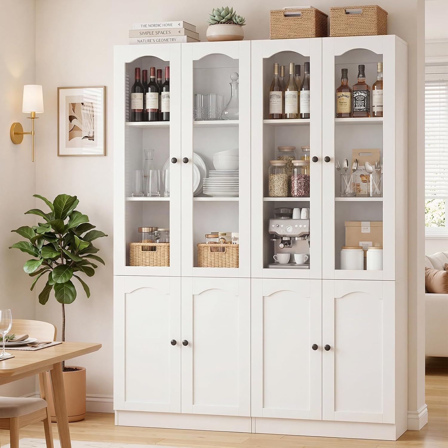 Cyclysio 80" Tall Pantry Cabinet with 4 Doors, White Kitchen Pantry Storage Cabinet with Built-in Baseboard Notch & Adjustable Shelves – Kitchen Storage Cabinet for Dining, Living Room, Office