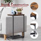 C-Shaped Tables,C Shaped End Table Set of 2-Rustic Brown Slide Under Sofa Side Tables with 22lbs Capacity, Space Saving TV Trays for Living Room, Bedroom & Small Spaces,Metal Frame Industrial