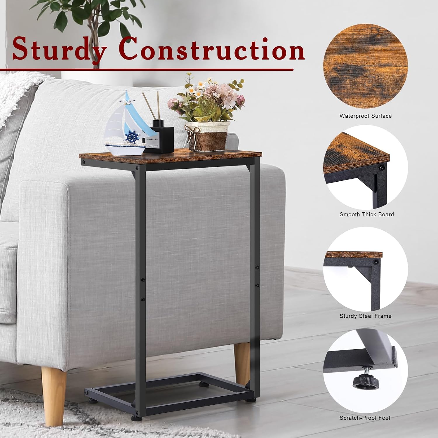 C-Shaped Tables,C Shaped End Table Set of 2-Rustic Brown Slide Under Sofa Side Tables with 22lbs Capacity, Space Saving TV Trays for Living Room, Bedroom & Small Spaces,Metal Frame Industrial
