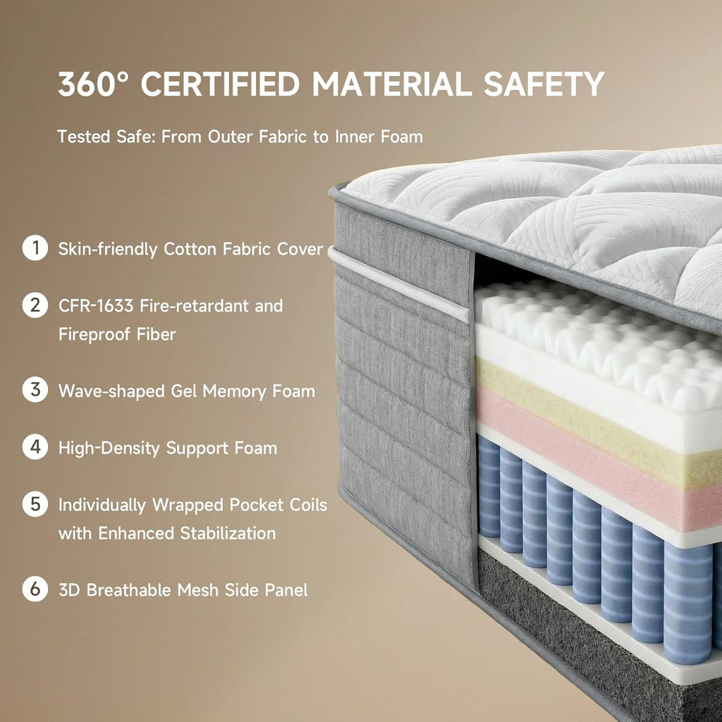Queen mattress 12 inch,Queen Size Mattresses in a Box,Memory Foam Hybrid Mattress,with Individual Pocket Spring for Motion Isolation &Lumbar Support & Pressure Relief,Fiberglass-Free,Medium Firm