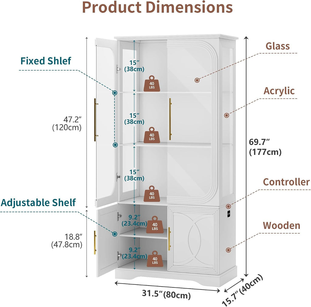 2pc Wood Display Cabinet with Glass Doors, 69" Tall Curio Cabinet with LED Lights, Glass Display Case with Storage and 3 Shelves for Living Room, (White-2)