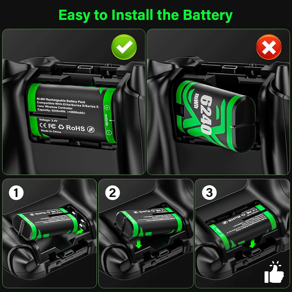 Rechargeable Xbox Controller Battery Pack for Xbox one/Xbox One S/Xbox X/Xbox Elite/Xbox Series X|S, 4x6240mWh Batteries Pack for Xbox Accessories Kits, Xbox 360 Console