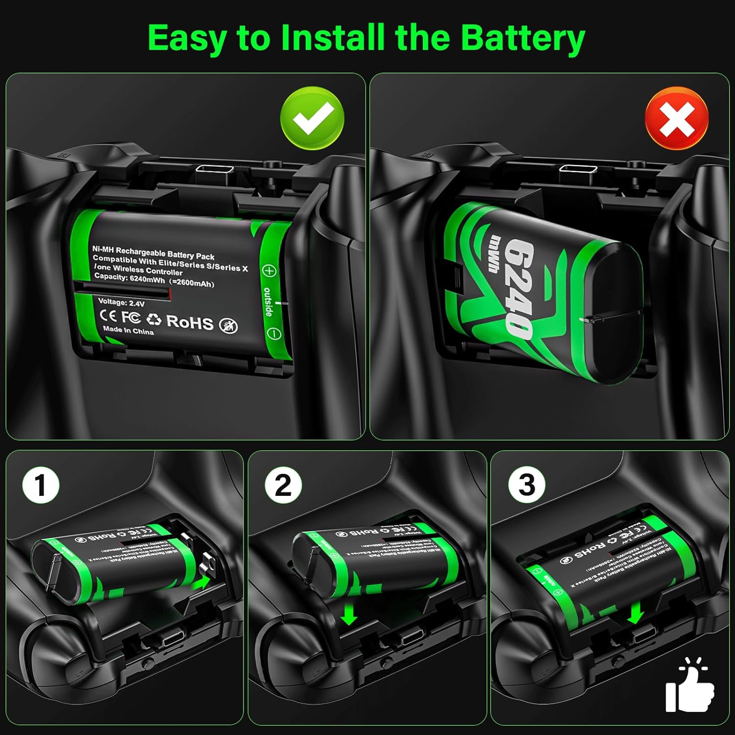 Rechargeable Xbox Controller Battery Pack for Xbox one/Xbox One S/Xbox X/Xbox Elite/Xbox Series X|S, 4x6240mWh Batteries Pack for Xbox Accessories Kits, Xbox 360 Console