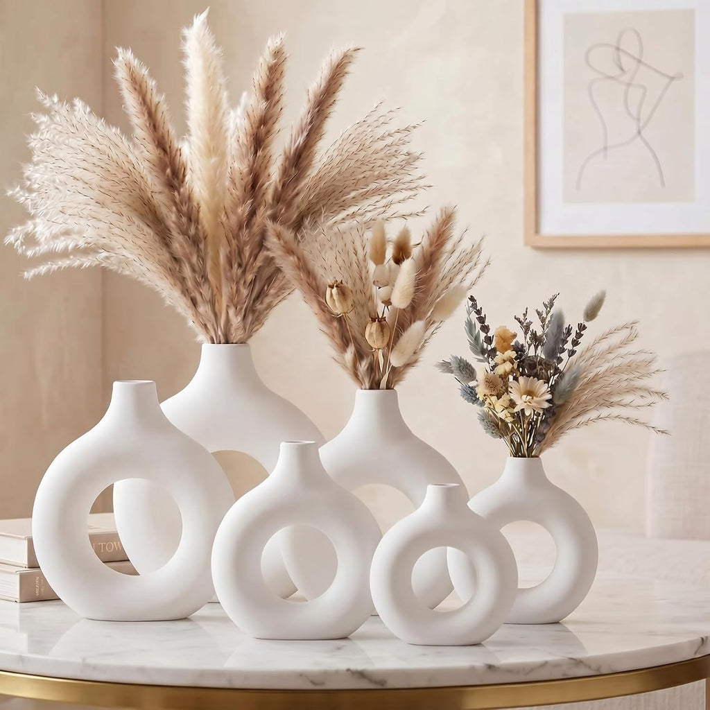 Suclain 6 Pcs White Boho Vase for Pampas Grass Plastic Modern Donut Flower Vase Minimalist Nordic for Wedding, Boho Party Decoration, Home Table Centerpiece, Floral Arrangements Living Room Decor