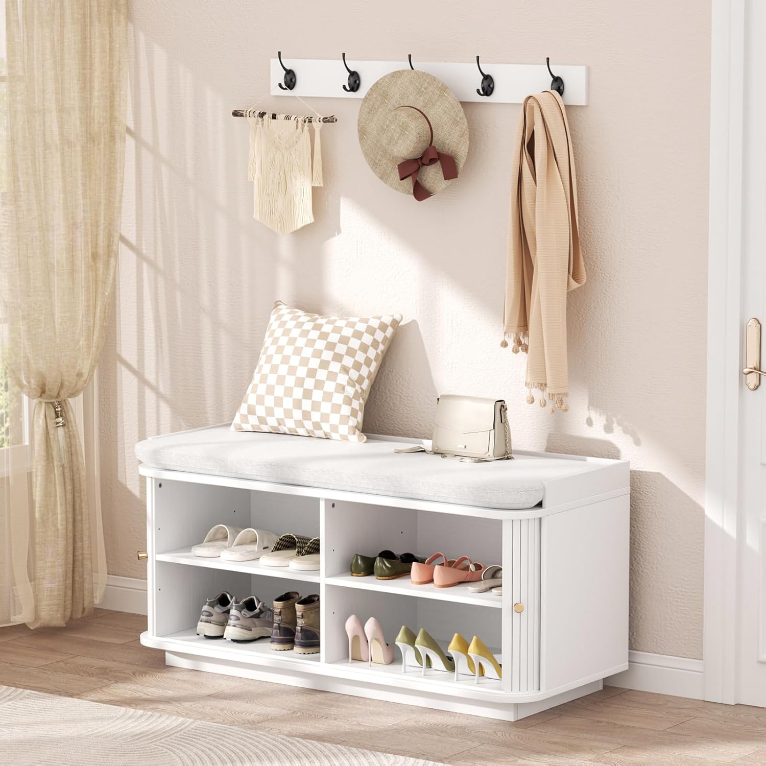 Hall Tree with Bench and Shoe Storage, Entryway Bench with Sliding Door Cabinet, Removable Padded, Metal Wall Hooks and Adjustable Storage Compartments, for Entry, Hallway, Living Room, White