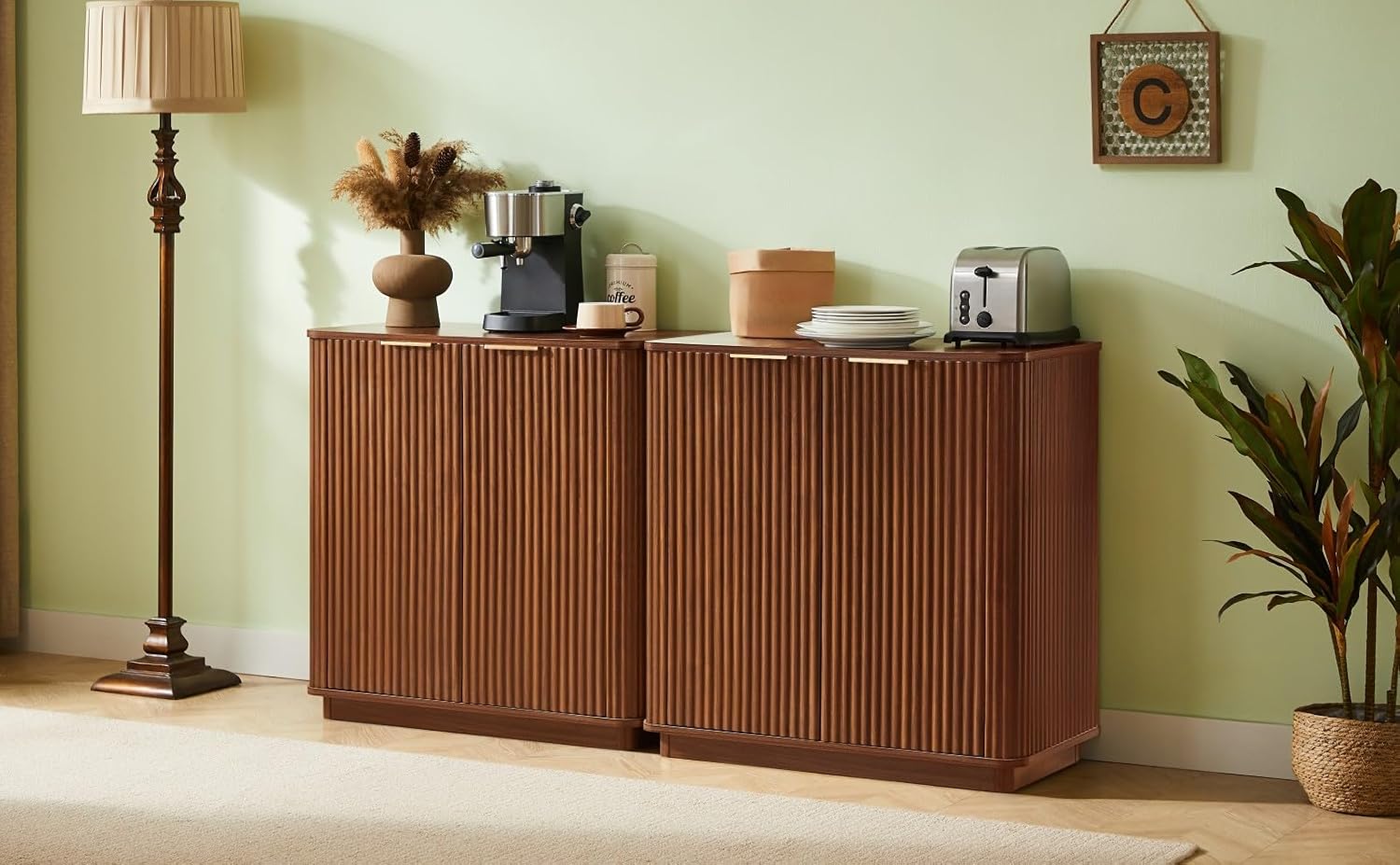 Buffet Cabinet with Curved Wave Design, Multi-Functional Sideboard with Adjustable Shelf for Living Room, Dining Room, and Entryway Storage, 31.5x31.5x15.75 Inch (Walnut)