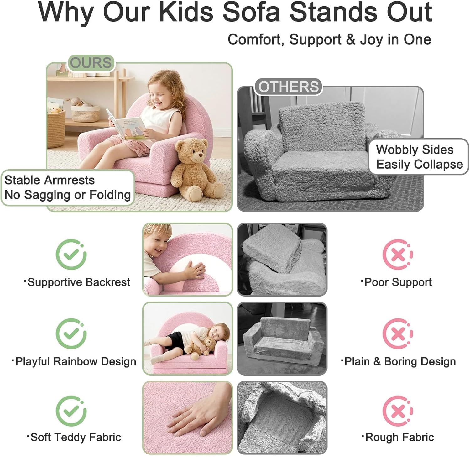 Rainbow Kids Couch, 2-in-1 Fold Out Toddler Couch Sofa, Soft Fleece Kids Chair, Convertible Sofa to Lounger for Girls Boys Bedroom, Playroom, Reading Nook, Pink