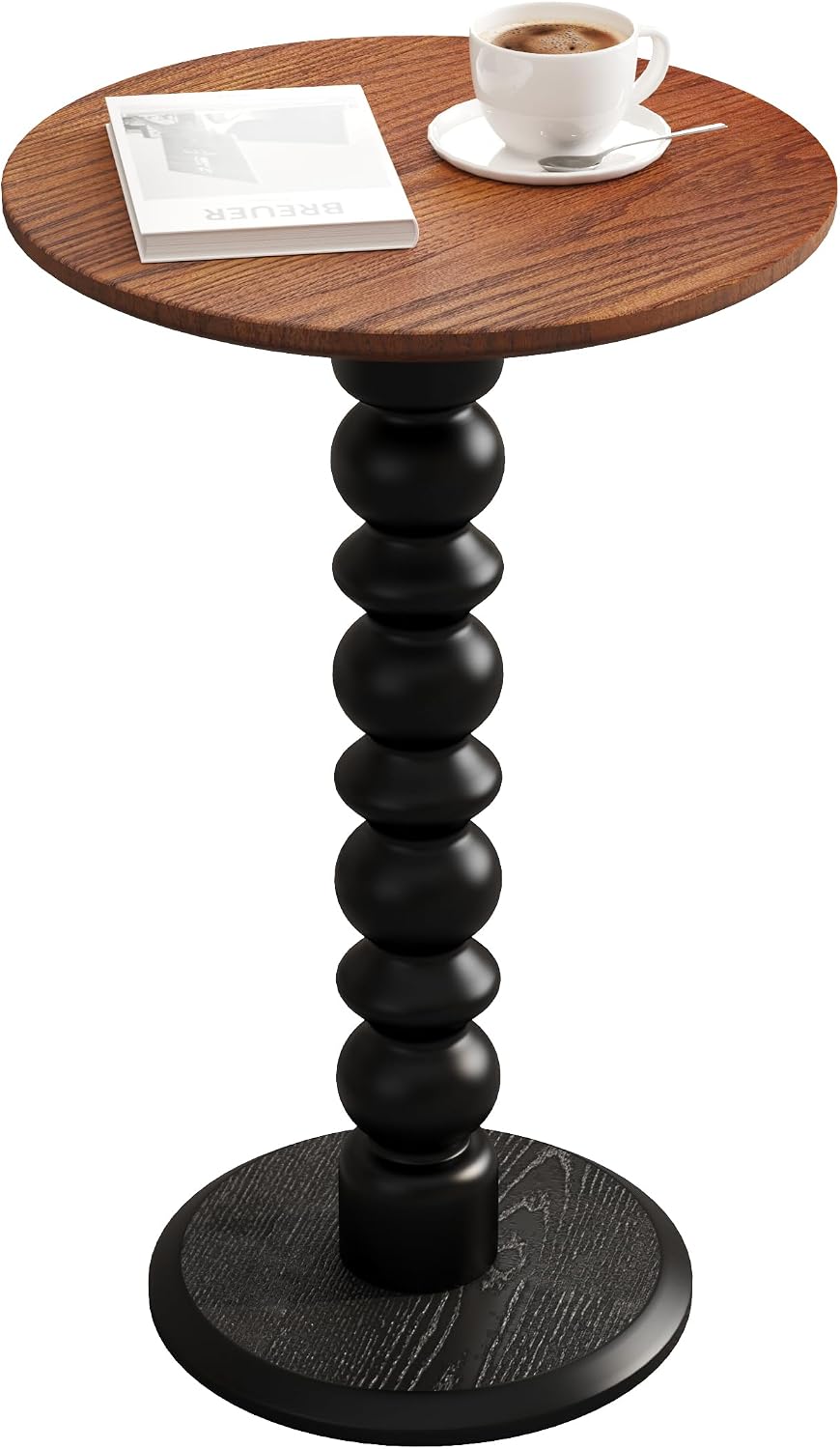Solid Wood Round Side Table, Small Drink Table,Cocktail Table, Wooden Pedestal End Table, Plant Stand for Living Room, Bedroom,Office and Corners (Walnut/Black, 11.8" W*21.65" H)