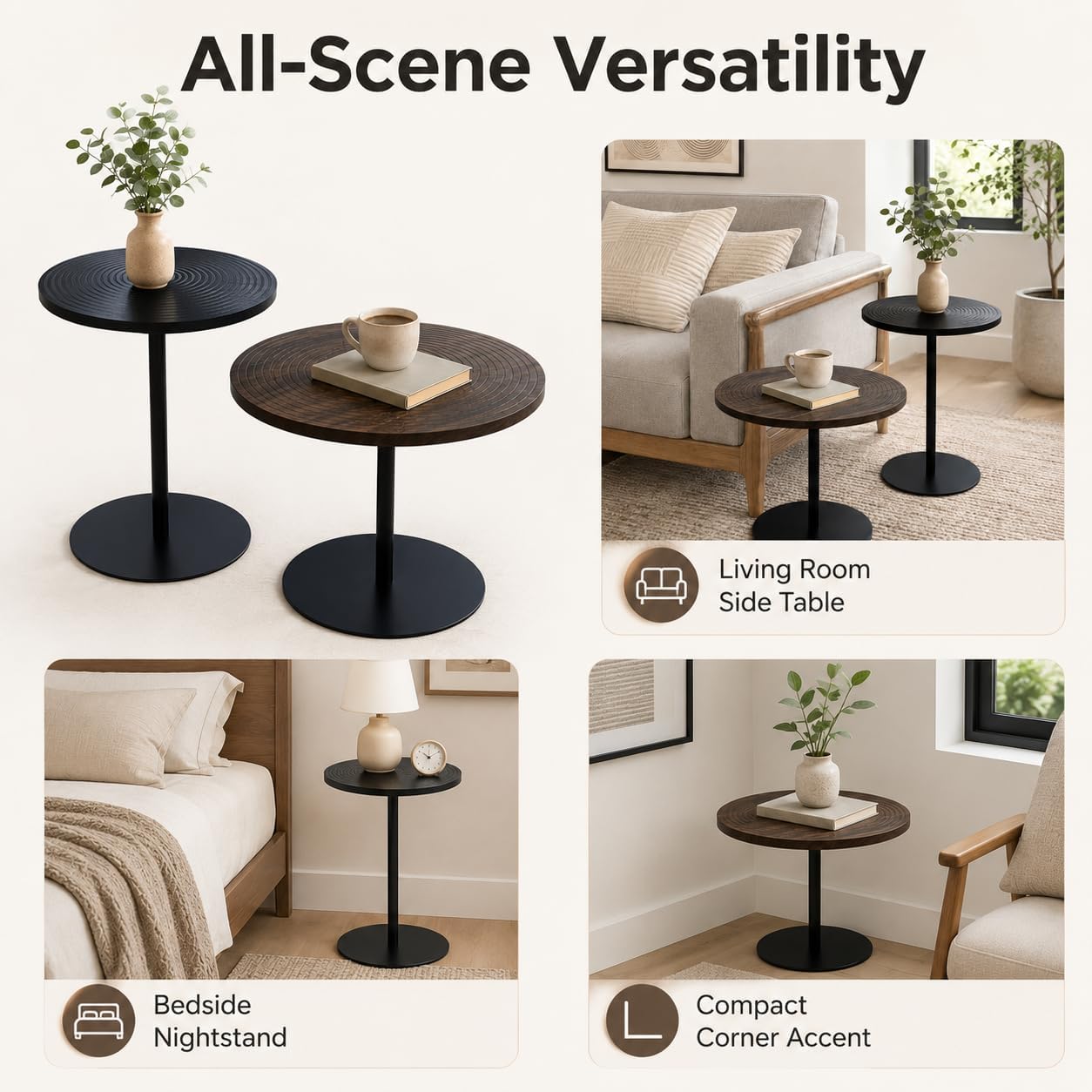 Round Side Table Set of 2, End Tables for Living Room Bedroom, Small Nesting Accent Table Nightstand with Sturdy Metal Base, Wood-Look Circular Couch Tables for Small Spaces, Walnut Brown & Black