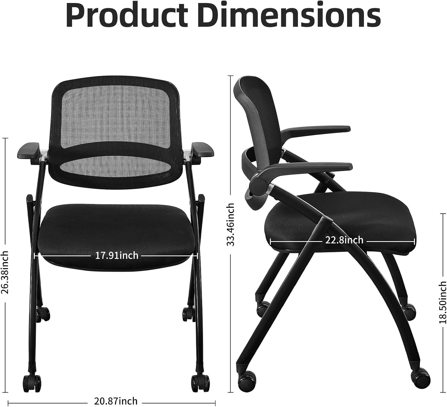 Folding Office Chair Flip Up Arm，Conference Room Chairs with Wheels, Foldbable Office Desk Chair with Adjustable Back Rest for Training Room, Guest Reception Chair (Black)