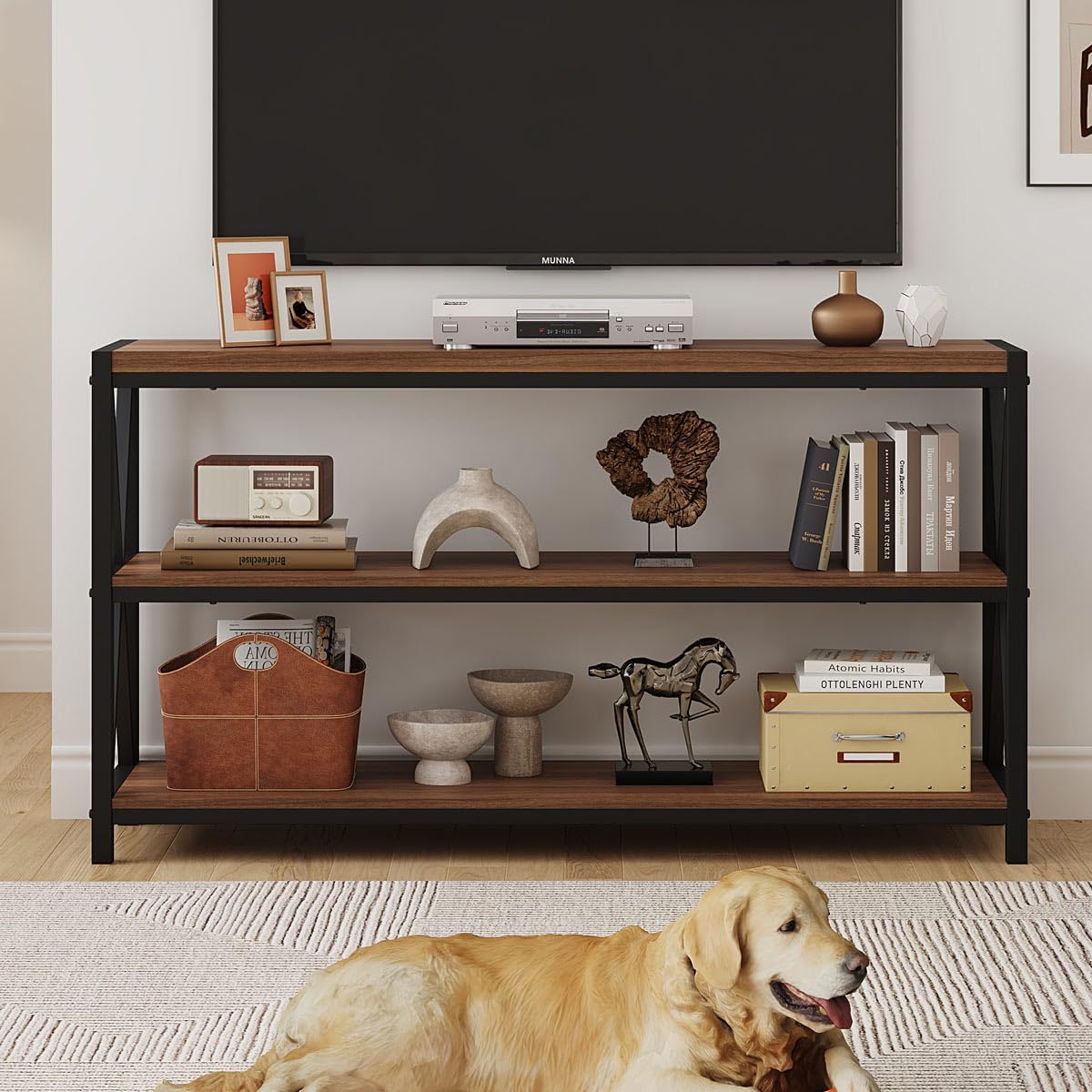 FATORRI Console Table for Entryway, 55 Inch Modern Entry Table with 3 Tier Shelves, Couch Tables Behind Sofa for Living Room (Medium Walnut)