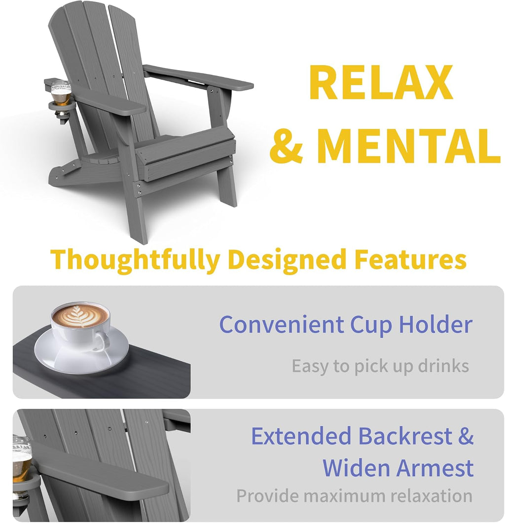 Kingdura Foldable Adirondack Chairs Set of 4, Portable HDPE All Weather Resistant Outdoor Patio Chair, Wooden Textured with Cup Holder, 380LBS Capacity for Poolside, Backyard, Deck, Fire Pit (Grey)