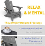 Kingdura Foldable Adirondack Chairs Set of 4, Portable HDPE All Weather Resistant Outdoor Patio Chair, Wooden Textured with Cup Holder, 380LBS Capacity for Poolside, Backyard, Deck, Fire Pit (Grey)