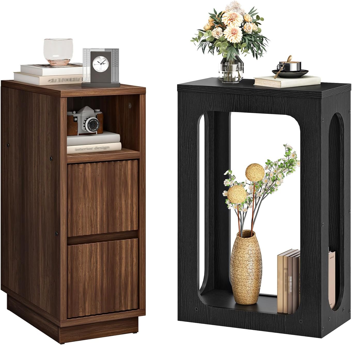 CHOEZON 8.7" Narrow Fluted Nightstand and Narrow Side Table Bundle, Small Bedside Table, Skinny Side Table, Modern Nightstand with Storage, for Living Room, Bedroom, Walnut and Black MBZ12HT-MBZ10BB
