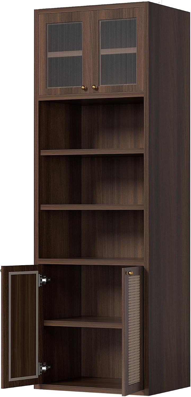71.3''Tall Kitchen Pantry Cabinet with Oversized Open Shelf & Coffee Station,Tall Extra Deep Enclosed Storage, Fluted Rattan Doors,Adjustable Shelves, Anti-Tip, for Multi-Room Use,Brown