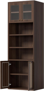 71.3''Tall Kitchen Pantry Cabinet with Oversized Open Shelf & Coffee Station,Tall Extra Deep Enclosed Storage, Fluted Rattan Doors,Adjustable Shelves, Anti-Tip, for Multi-Room Use,Brown