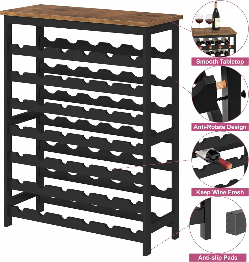 42 Bottles Bamboo Wine Rack Freestanding Floor, 7-Tier Wine Storage Shelf with Table Top, Wine Display Holder for Kitchen Pantry Bar Cellar, Rustic Brown and Black