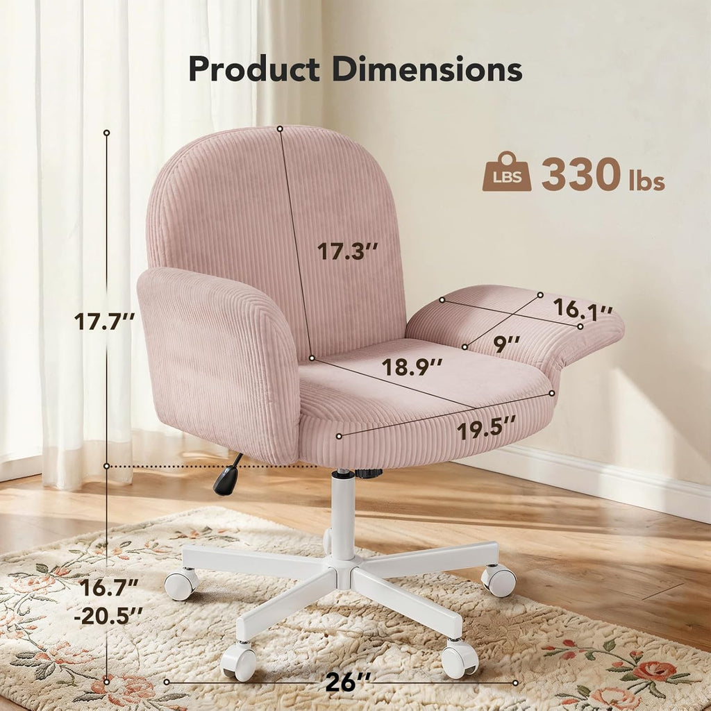HUANUO Criss Cross Office Chair for Women, Cross Legged Desk Chair with Adjustable Armrests, Soft Corduroy Fabric for Small Spaces, Petite Home Office Computer Chair for Girls, Pink