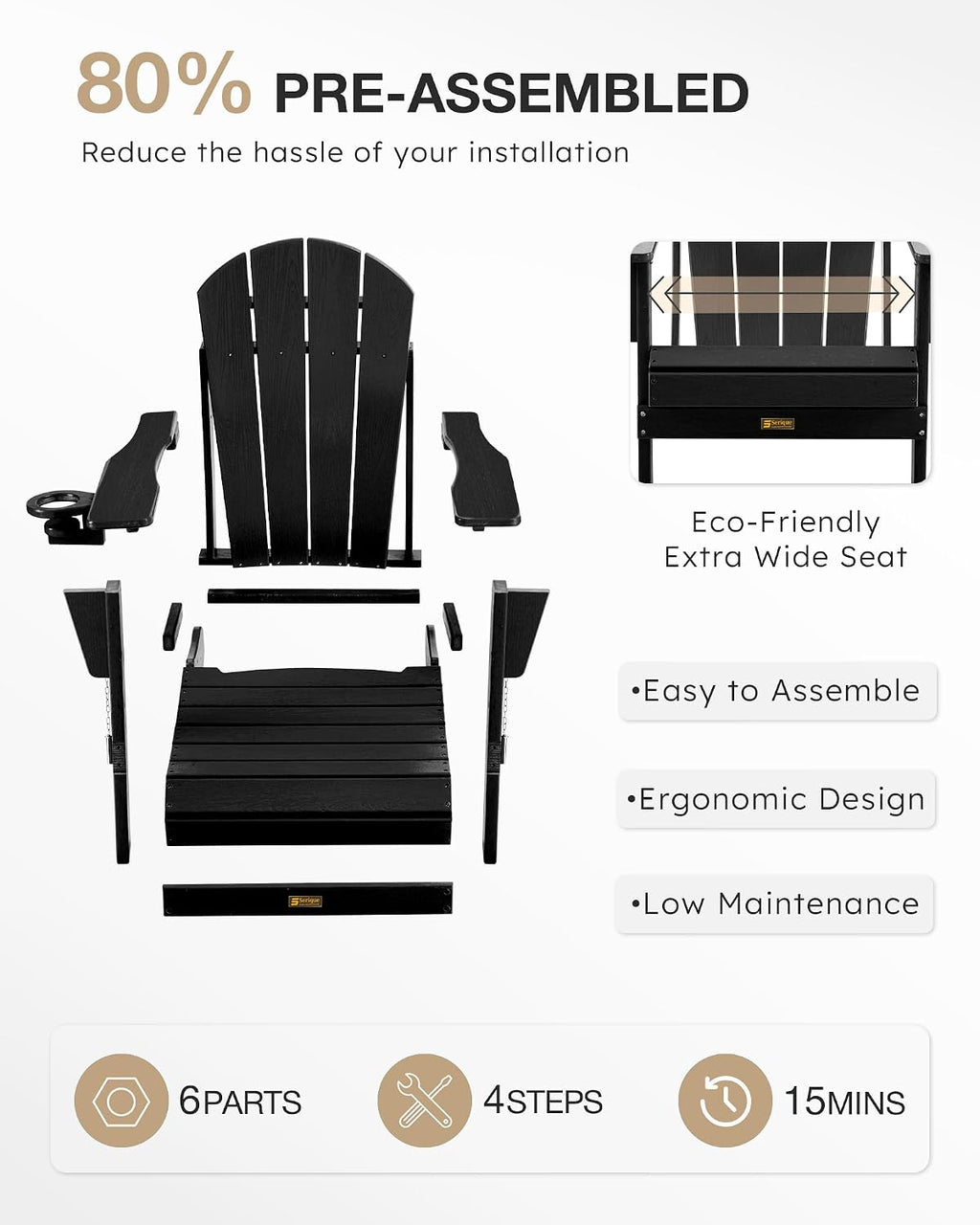 Folding Adirondack Chair Wood Texture, Patio Chairs Weather Resistant, Outdoor Chair, Lawn Chair with Cup Holder, Fire Pit Chair for Deck, Outdoor, Porch, Backyard (Black)