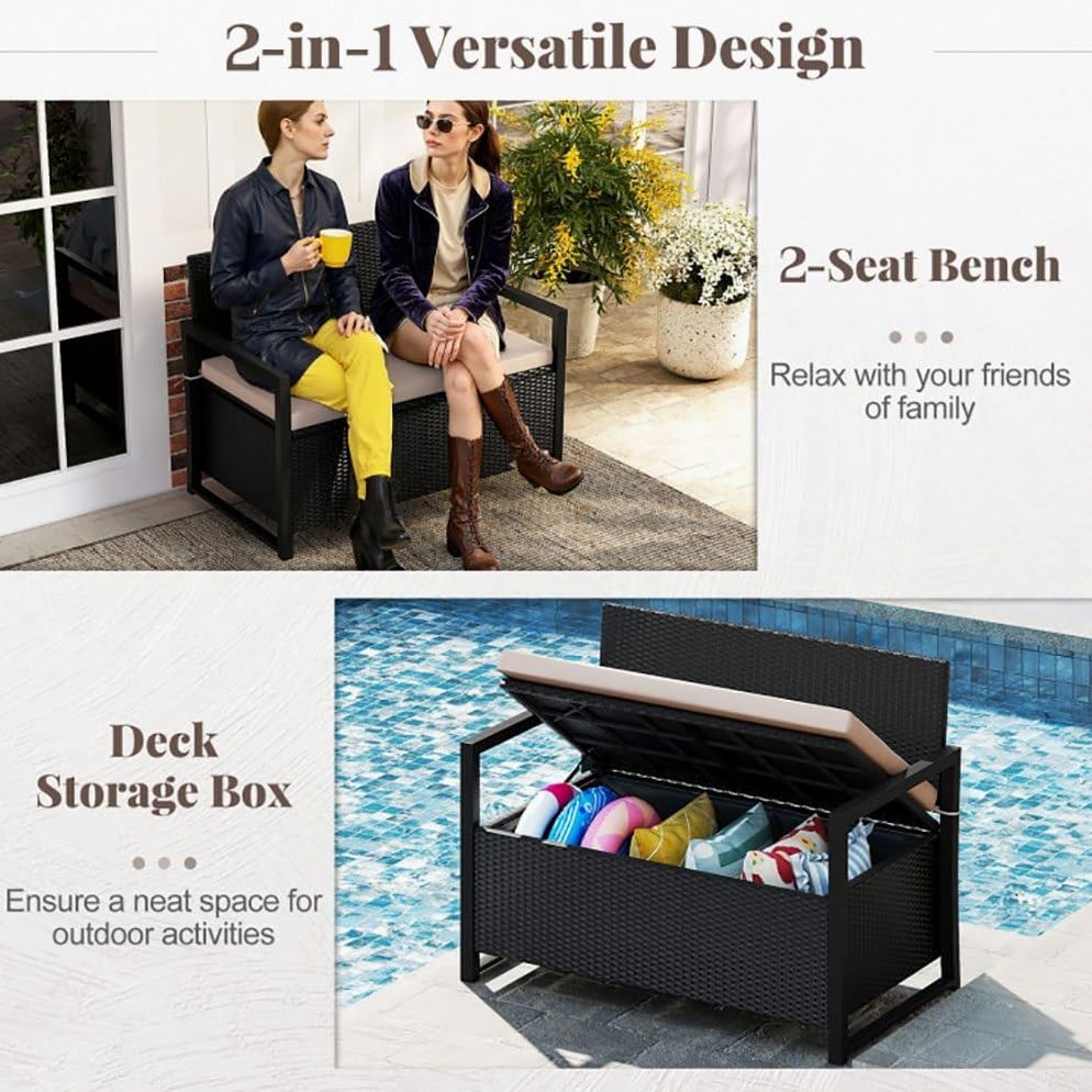 PE Rattan Metal Frame Rustic Storage Bench with 40 Gal Compartment 800lb Capacity Weather-Resistant 24.5x46x33.5in for Patio - Brown