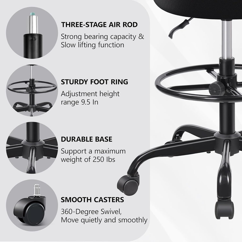 Primy Tall Drafting Desk Chair - Armless, Adjustable Height, Mesh Back, Rolling, Standing Desk Chair for Art Room, Office or Home (Black)