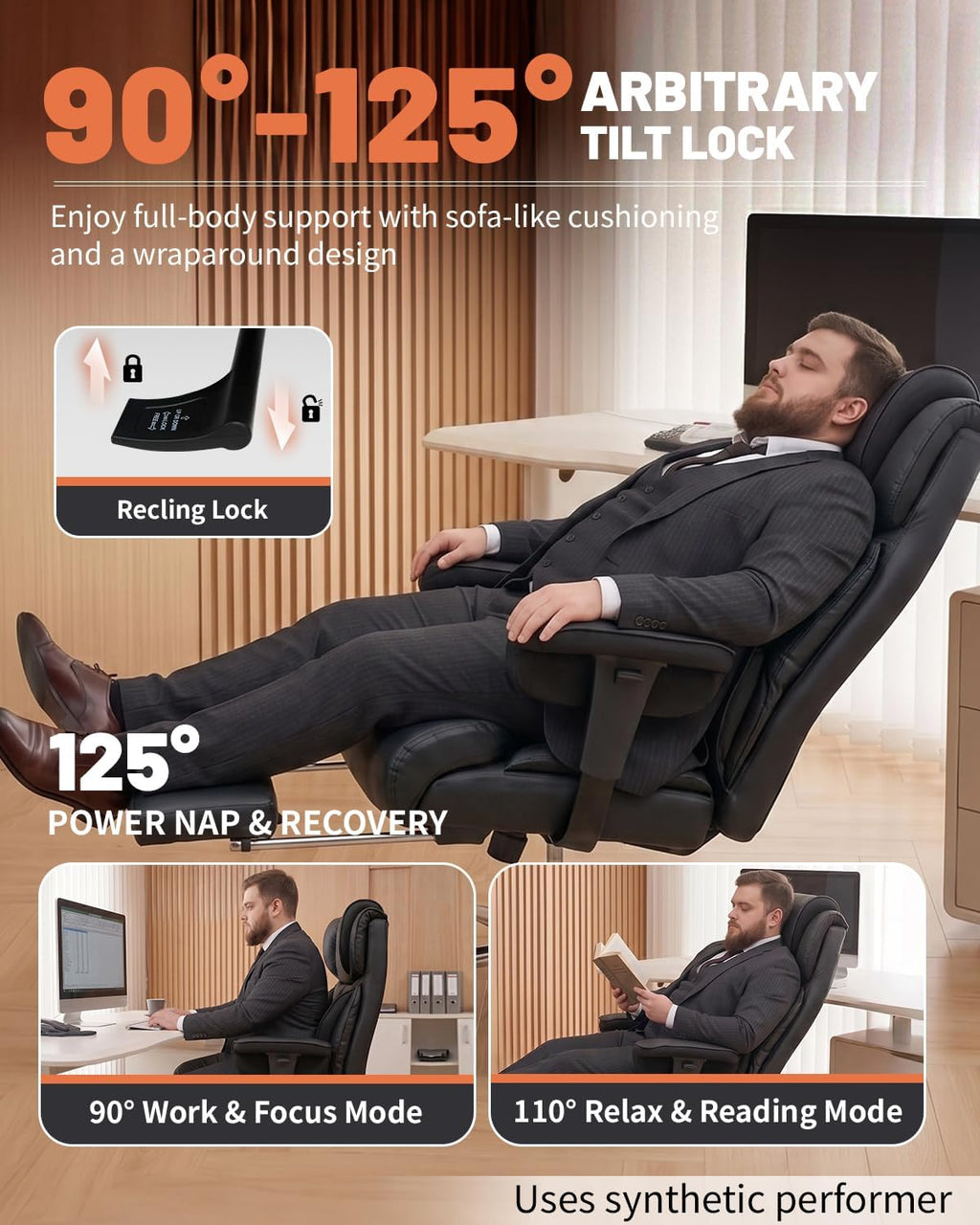 6 Points Massage Big and Tall Office Chair with Foot Rest, 500LBS Heavy Duty Desk Chair with Adjustable Lift Armrests, Ergonomic Computer Chair for Home Office, Gaming & Study，Black