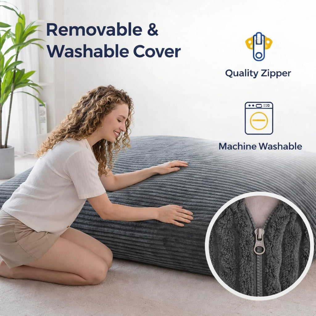 3 in 1 Giant Bean Bag Chair for Adults & Kids, Convertible Bean Bag Bed, Couch & Floor Cushion, Comfy Reading Lounge Sofa, Soft Corduroy Washable Cover for Bedroom, Living Room & Dorm, DarkGrey