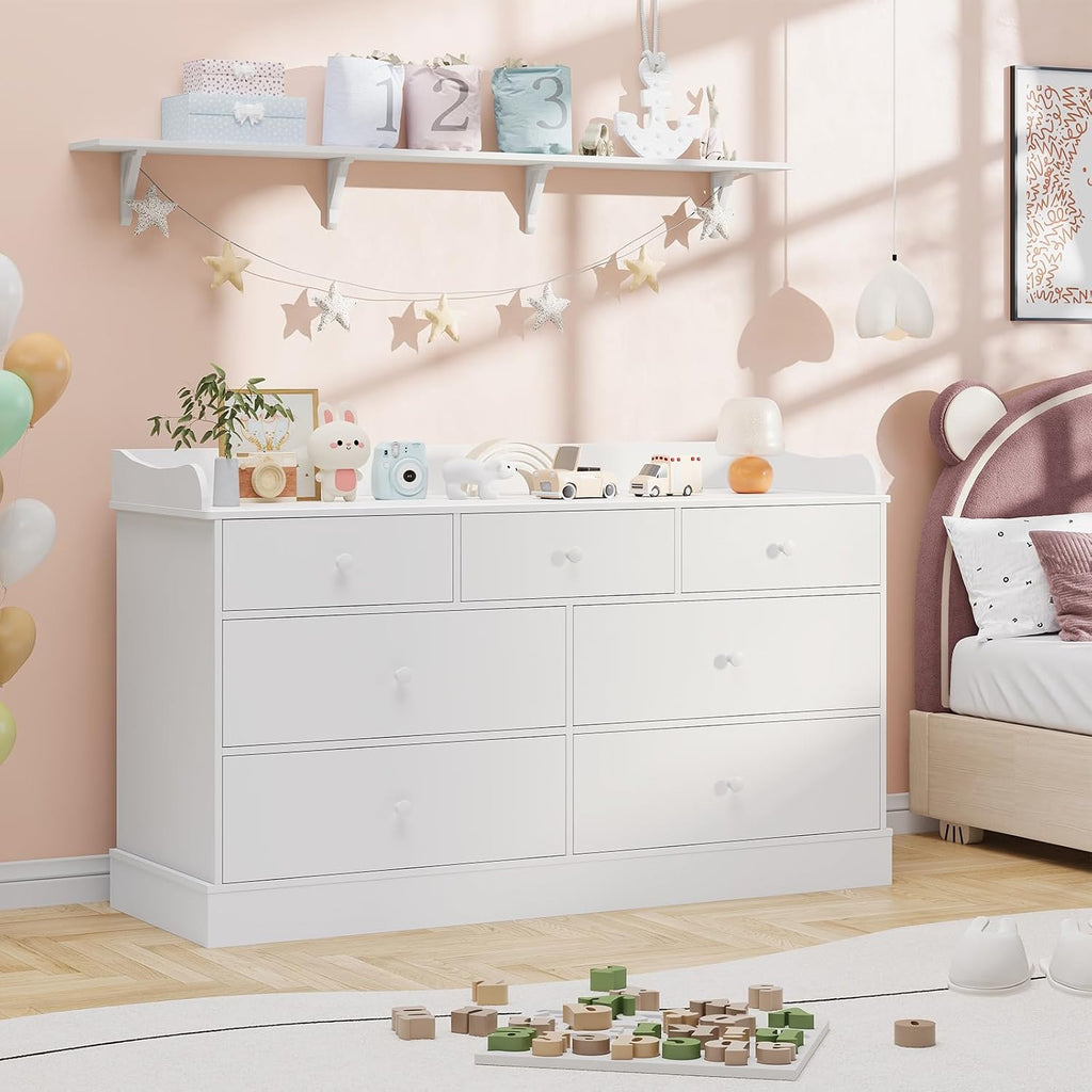 Vabches Kids Dresser Cabinet with 7 Drawers and Large Table Top, Multi-Functional Chest of Drawers, Baby Dresser, Kids Bedroom Furniture, Nightstand for Child’s Room, White