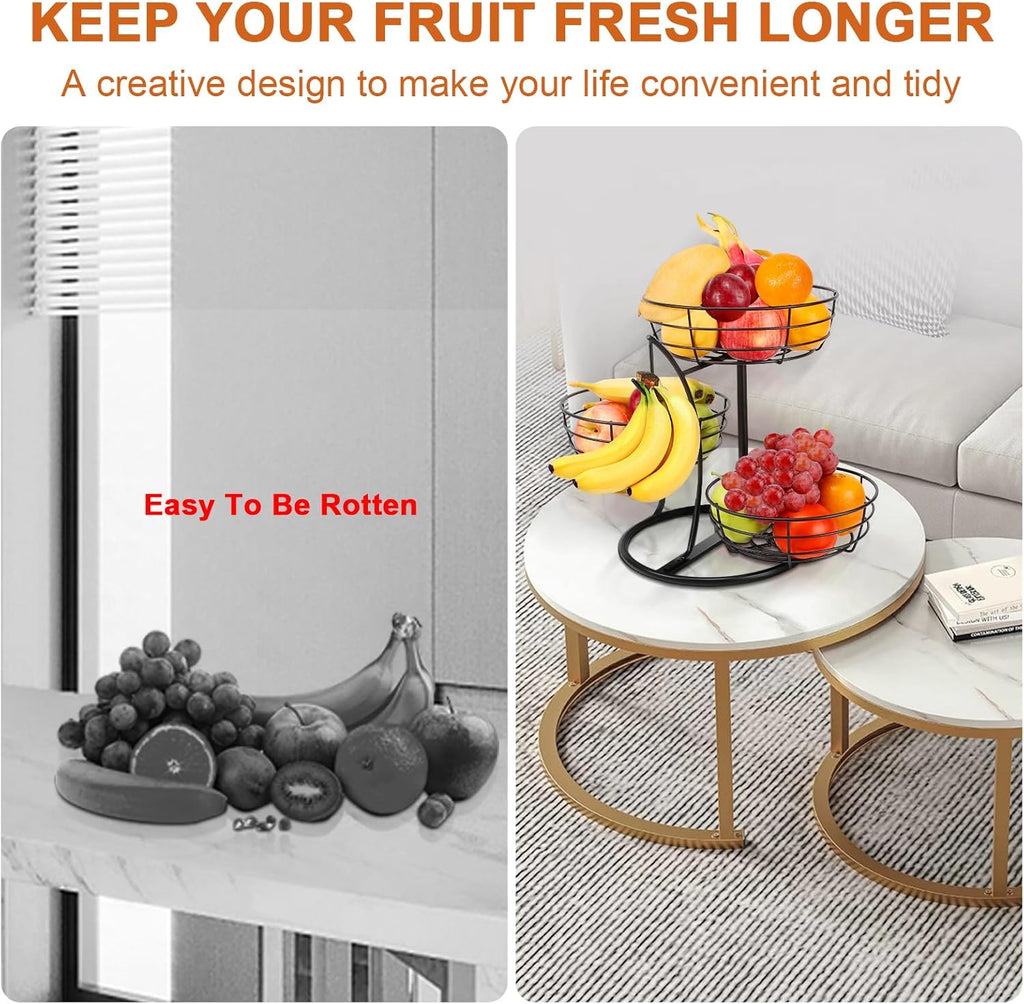 Livabber Fruit Basket Bowl with Banana Hanger, Fruit Vegetable Storage Basket with Banana Tree Holder for Kitchen Counter, Detachable Organizer for Bread Snack Produce (Black, 3-Tier Metal Base)