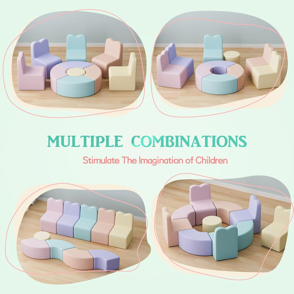 UMOMO MX-02 10 PCS Kids Sofa Set, Daycares Chairs for Toddlers Activities, Colorful Modular Flexible Seating Set for Home Preschool Playroom