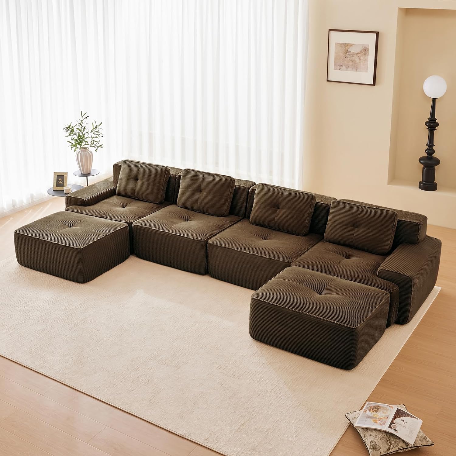 Brown Ottoman for Modular Sectional Sofa, Corduroy Deep Seat for Oversized Compressed Boneless Sectional Couches for Living Room Bedroom Apartment, Cloud Sofa Couch, Memory Foam, No Assembly