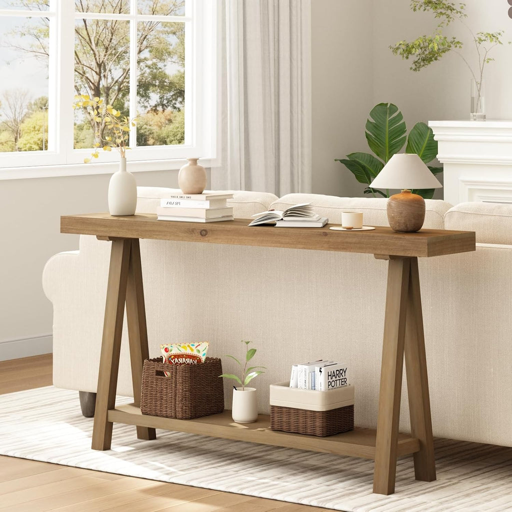 HOKYHOKY Solid Wood Console Tables - 63" Pinewood Farmhouse Rustic Hallway Table, Foyer Tables Living Room, Solid Firwood Sofa Table for Entryway, Brown