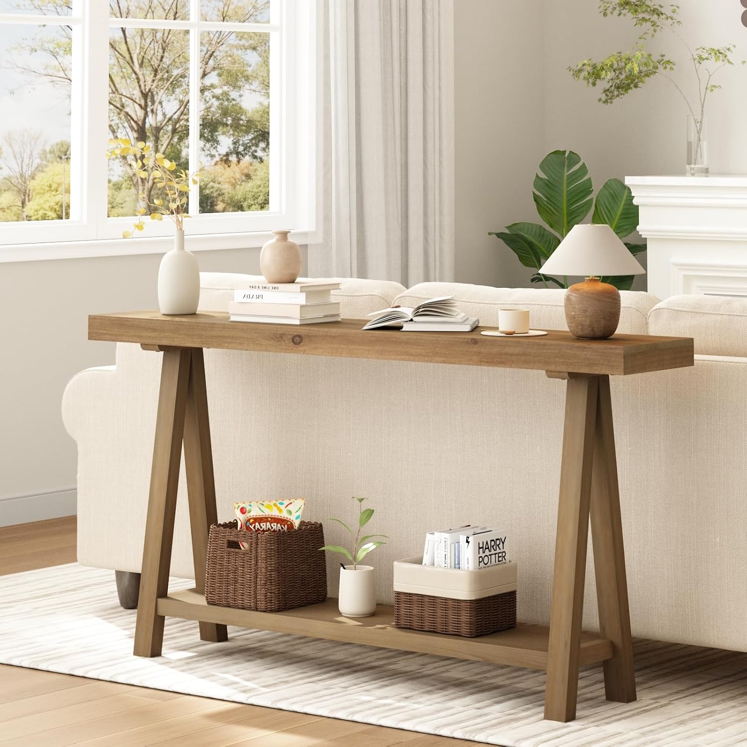 HOKYHOKY Solid Wood Console Tables - 63" Pinewood Farmhouse Rustic Hallway Table, Foyer Tables Living Room, Solid Firwood Sofa Table for Entryway, Brown