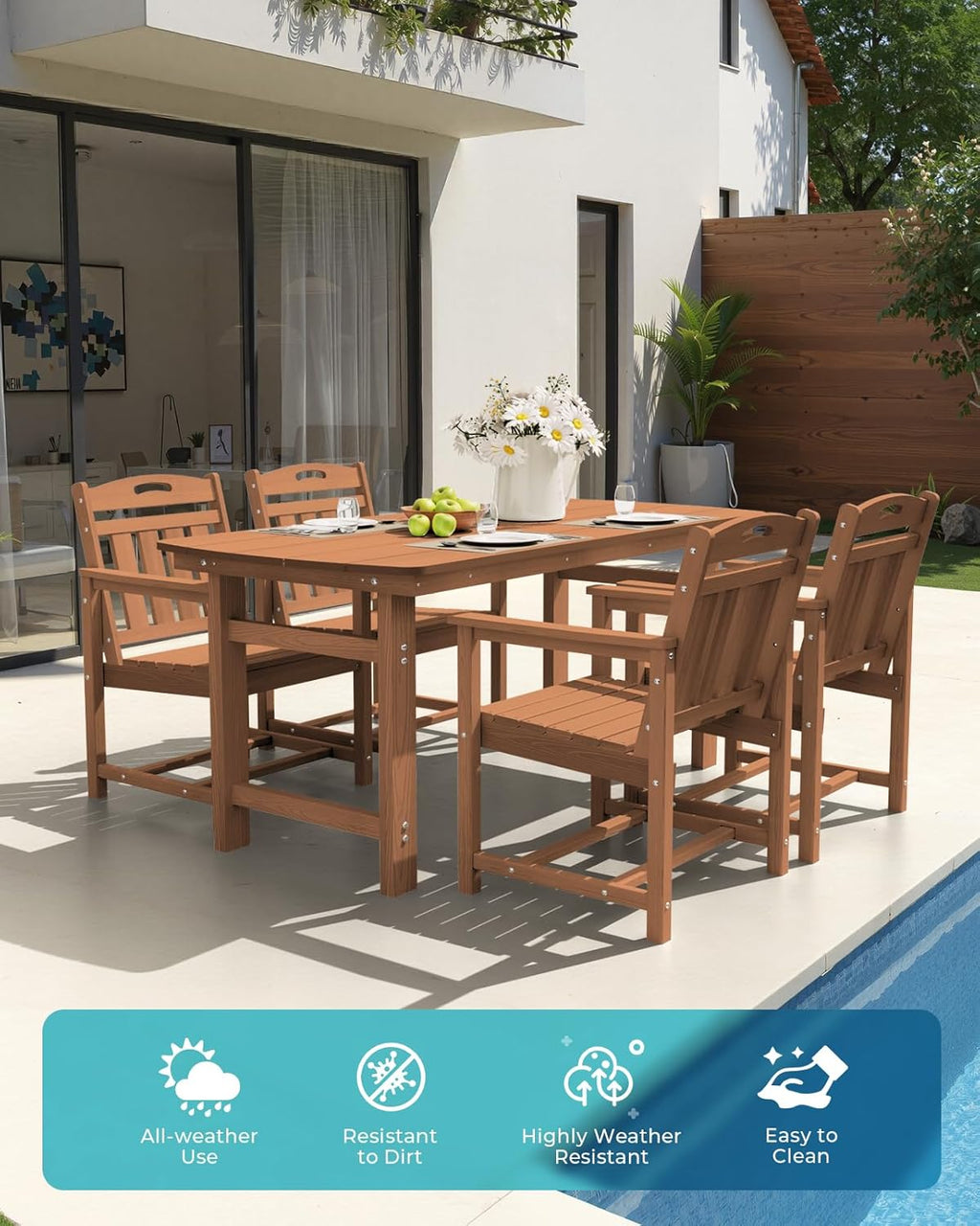 Ciokea Outdoor Patio Dining Chair Set of 2, HDPE Porch Chairs for Dining Table, All-Weather Durable Outdoor Furniture for Backyard, Poolside, Lawn & Garden, Teak